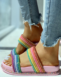 Rainbow Striped Open Toe Flat Slipper