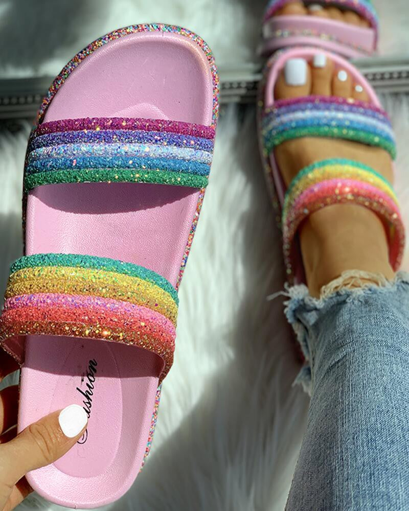 Rainbow Striped Open Toe Flat Slipper